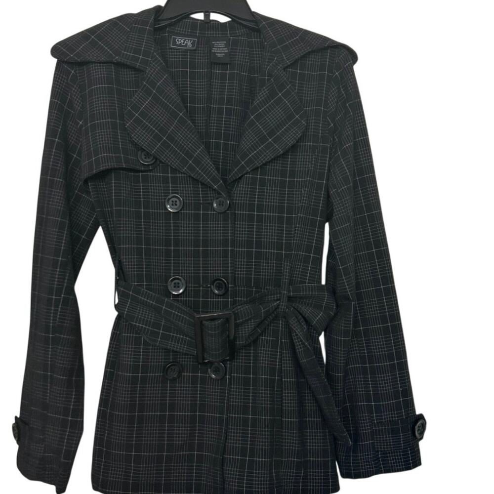 Y2K Speak 2 Me Black Plaid Belted Crop Trench Jacket M Preppy Dark Academia
